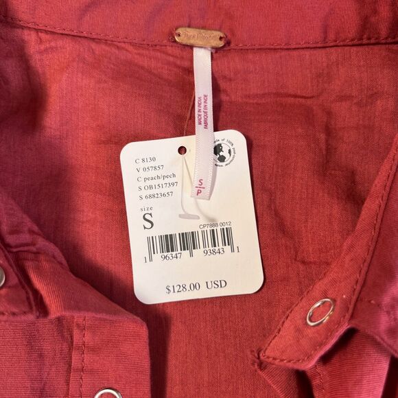 FREE PEOPLE Mini Dress Snap Front Bell sleeves in Color Peach Sz S NWT - Picture 3 of 9